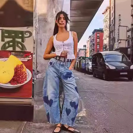 Damen weite Jeans mit Herzen-Details und entspanntem Schnitt Heidi-Mode
