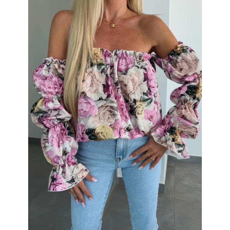 Damen Off-Shoulder Bluse mit Blumenmuster und Rüschensleeves Heidi-Mode