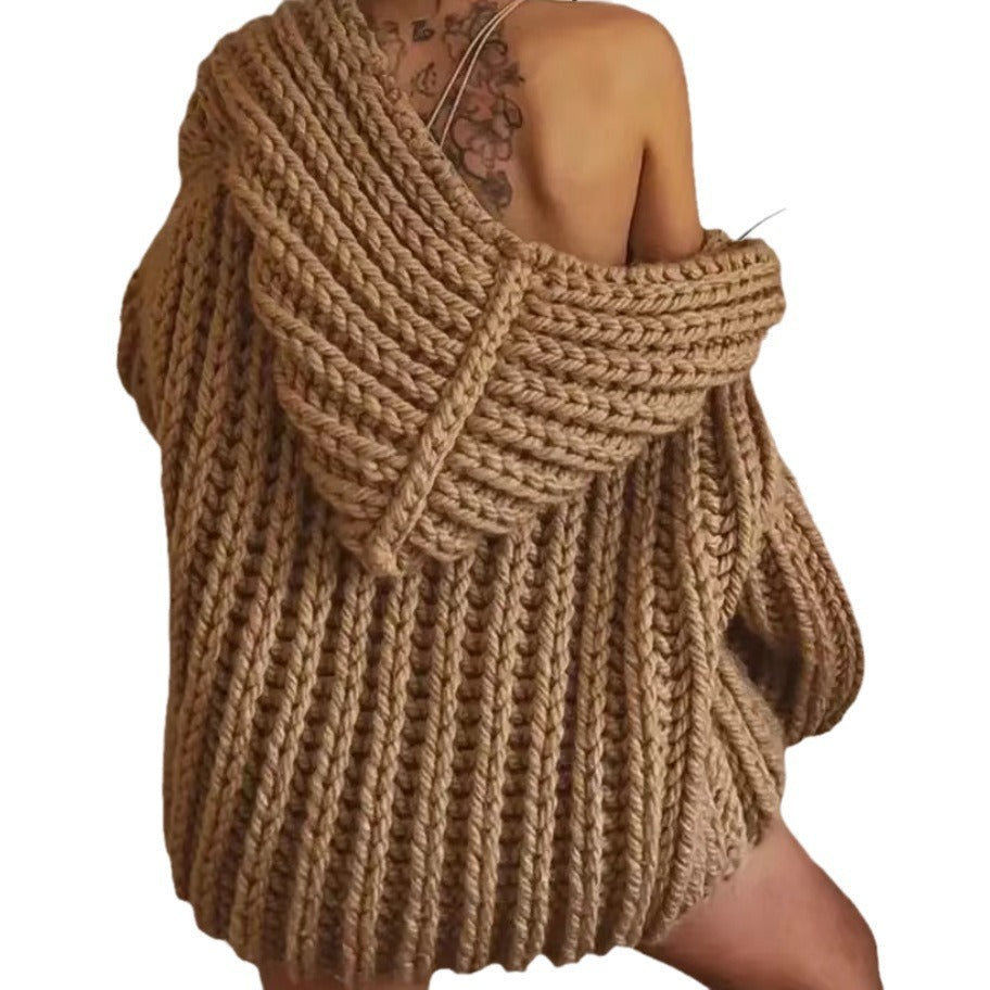 Damen Grobstrick-Hoodiejacke mit oversized Passform und tiefem Kragen Heidi-Mode