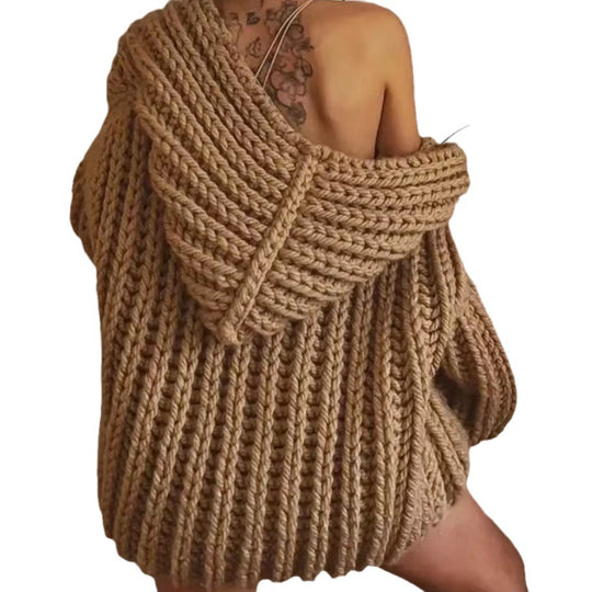 Damen Grobstrick-Hoodiejacke mit oversized Passform und tiefem Kragen Heidi-Mode
