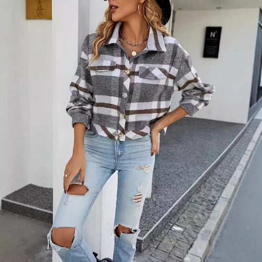 Damen Karierte Utility-Jacke mit voluminösen Ärmeln und Knopfleiste Heidi-Mode