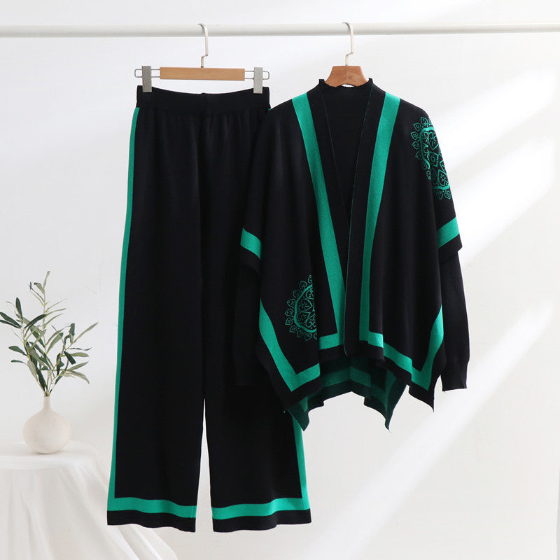 Damen elegantes Strick-Loungewear-Set mit grafischem Muster und weiten Ärmeln Heidi-Mode