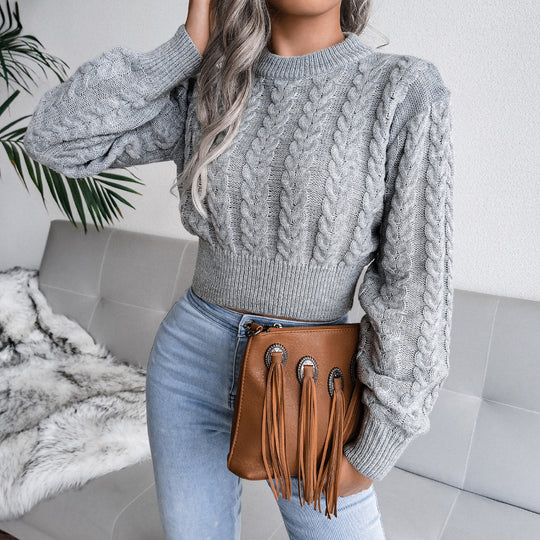 Damen Strickpullover im modernen Zopfmuster mit engem Bund Heidi-Mode