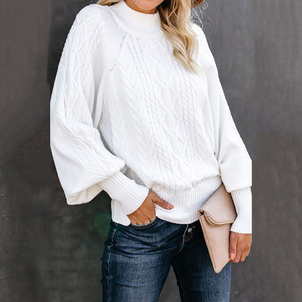 Damen Grobstrickpullover mit hohen Kragen und voluminösen Ärmeln Heidi-Mode