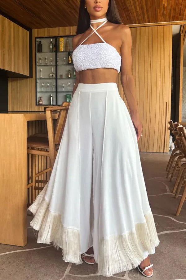 Damen Halterneck Häkeloberteil und weite Hosen Set Heidi-Mode