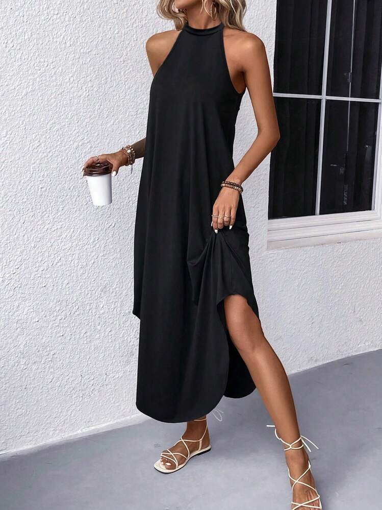 Damen lässiges Sommermaxikleid mit elegantem Halternetz und praktischen Taschen Heidi-Mode
