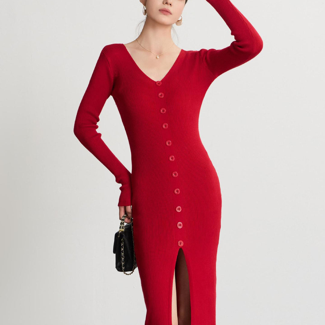 Damen Langärmliges Maxikleid mit Rippstruktur und Knopfdetail Heidi-Mode