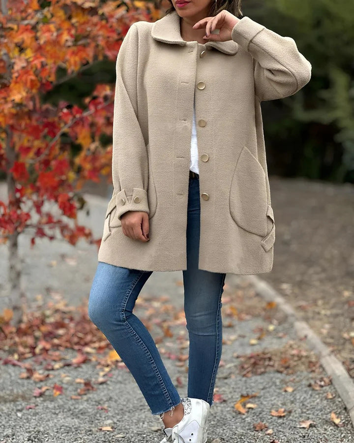 Damen Oversized Wollmantel mit dekorativen Knöpfen und großen Taschen Heidi-Mode