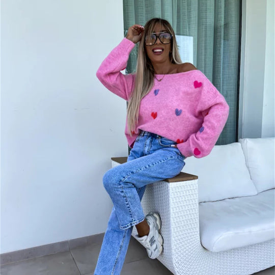 Damen Pullover mit verspielten Herzen und lässigem Schnitt Heidi-Mode