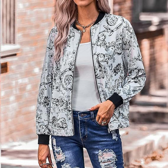 Damen Bomberjacke mit floralen Motiven und elastischen Bündchen Heidi-Mode