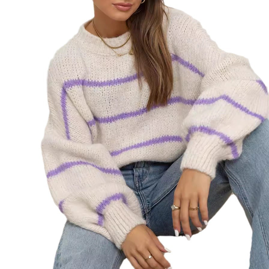 Damen grob gestrickter Pullover mit modernen Streifen und lässigem Schnitt Heidi-Mode