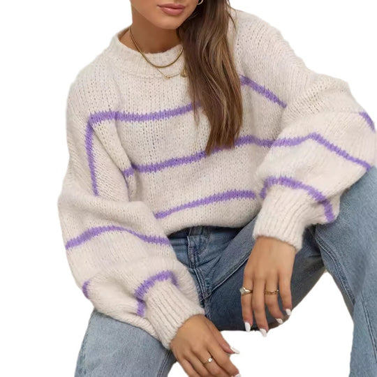 Damen grob gestrickter Pullover mit modernen Streifen und lässigem Schnitt Heidi-Mode
