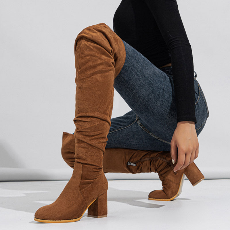 Damen Overknee Stiefel mit eleganter Raffung und plushigem Obermaterial Heidi-Mode