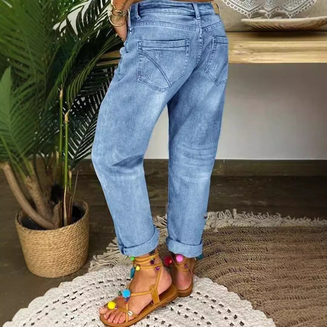 Damen Boyfriend Jeans mit Knopfverschluss und Distressed-Details Heidi-Mode