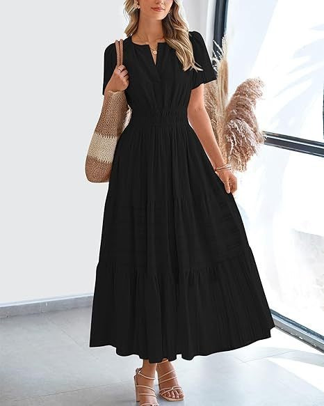 Damen Maxikleid mit modischem V-Ausschnitt und luftigen Rüschen Heidi-Mode