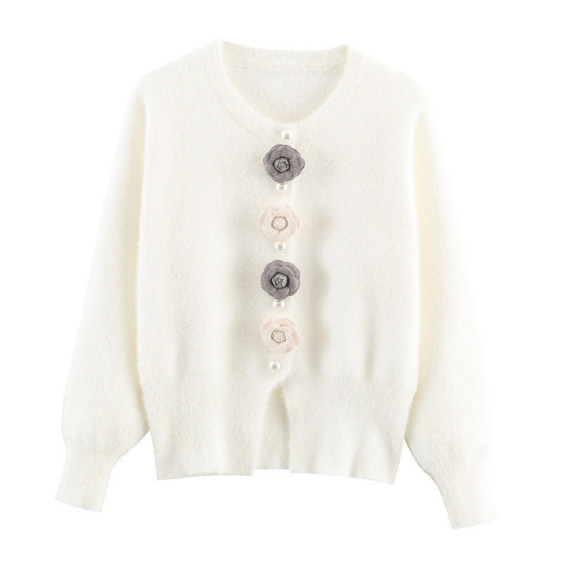 Damen stylische Strickjacke mit einzigartigen Blumenapplikationen Heidi-Mode