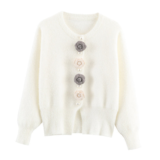 Damen stylische Strickjacke mit einzigartigen Blumenapplikationen Heidi-Mode