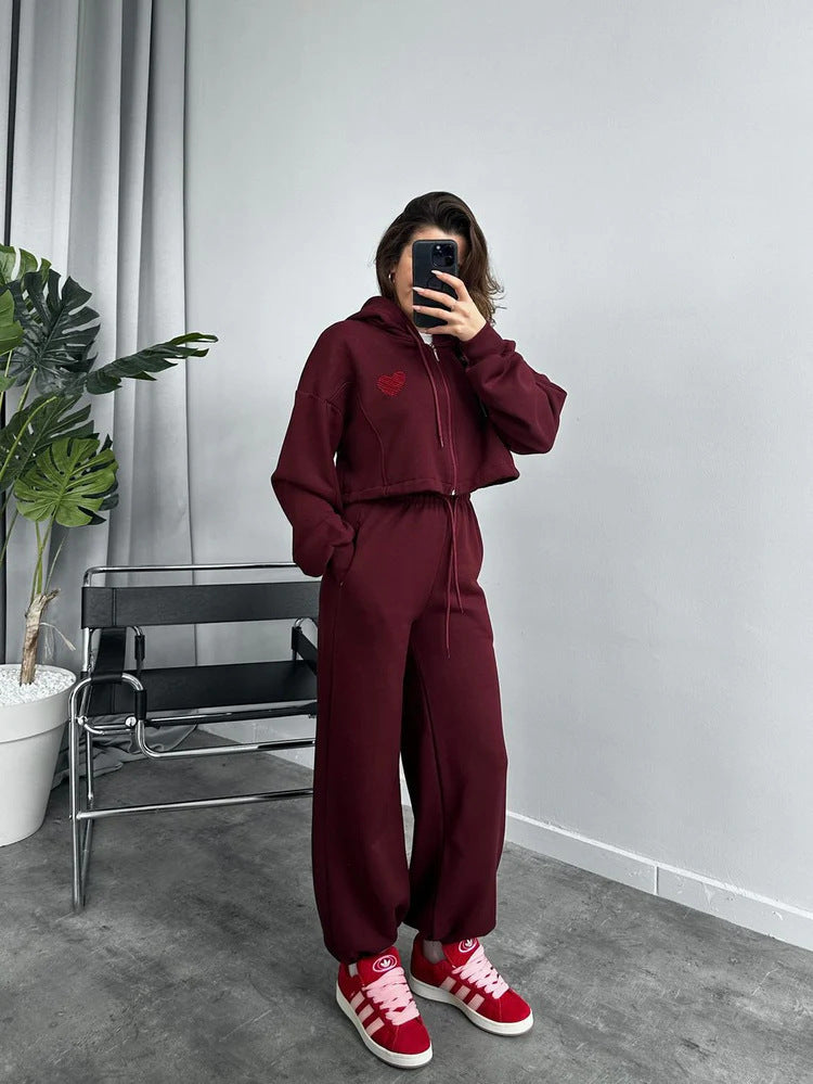 Damen lässiges Cropped Hoodie-Set mit weiten Jogginghosen Heidi-Mode