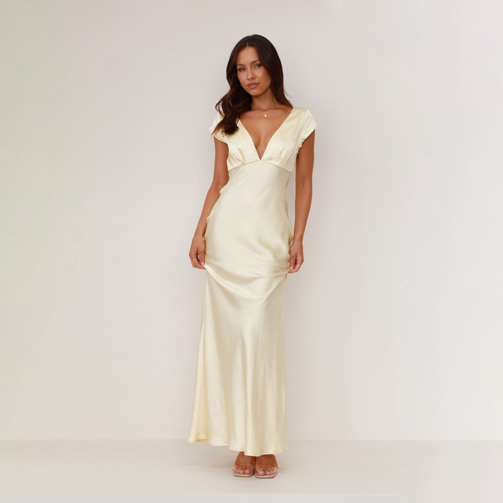 Damen langes Abendkleid mit schickem V-Ausschnitt und elegantem Fall Heidi-Mode