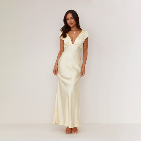Damen langes Abendkleid mit schickem V-Ausschnitt und elegantem Fall Heidi-Mode