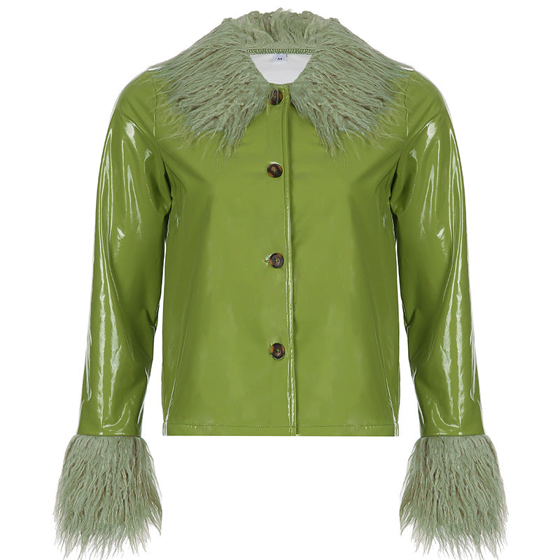 Damen modischer Lackmantel mit kuscheligem Kunstfellkragen Heidi-Mode