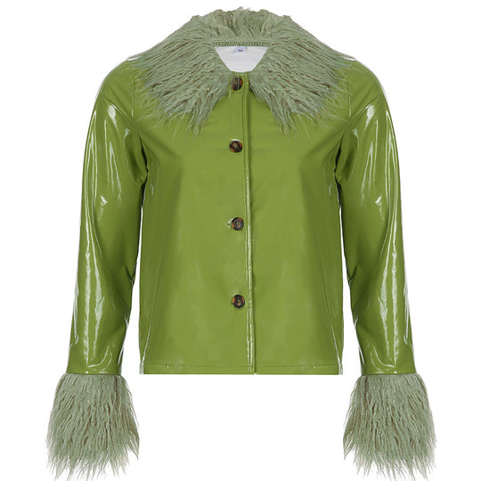 Damen modischer Lackmantel mit kuscheligem Kunstfellkragen Heidi-Mode