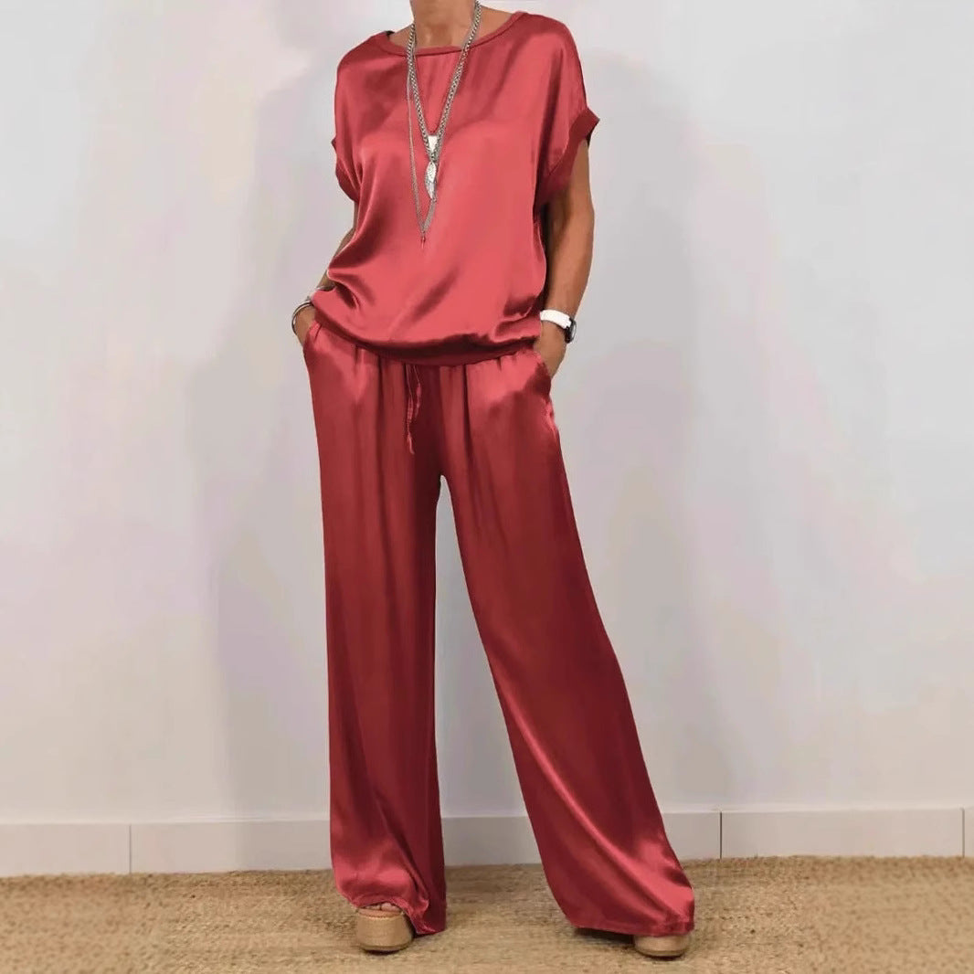 Damen Elegantes Satin Lounge-Set mit weitem Schnitt und lässigem Oberteil Heidi-Mode