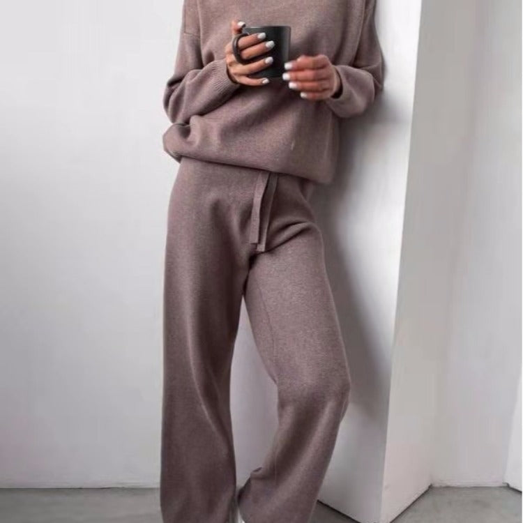 Damen kuscheliges Strick-Loungewear-Set mit weiten Hosen und elegantem Rundhalsausschnitt Heidi-Mode