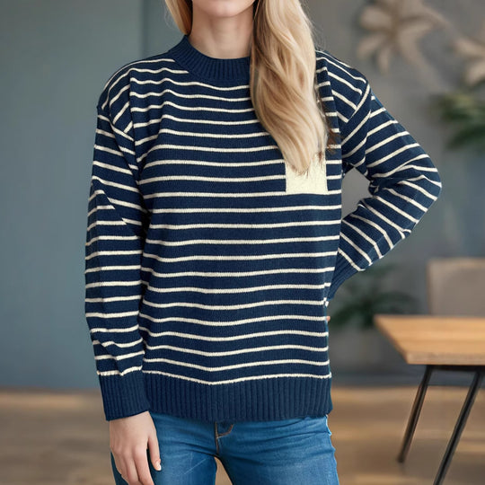 Damen lässiger Strickpullover mit breitem Streifenmuster und überschnittenen Schultern Heidi-Mode
