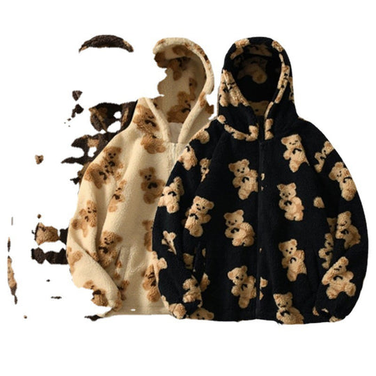 Damen gemütliche Fleecejacke mit Kapuze und süßem Bärenmuster Heidi-Mode