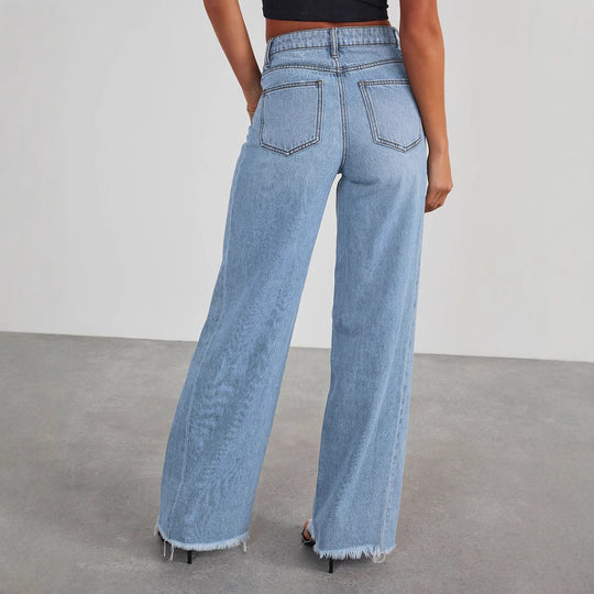 Damen Weite Jeans im lässigen Vintage-Stil mit fransigem Saum Heidi-Mode