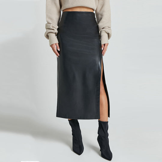 Damen Bleistiftrock aus hochwertigem Leder mit Schlitz Heidi-Mode