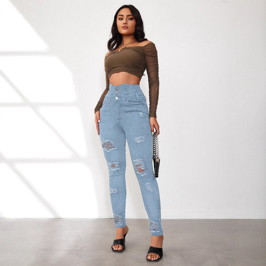 Damen Hochtaillierte Skinny Jeans mit modischen Rissen und eleganter Knopfleiste Heidi-Mode