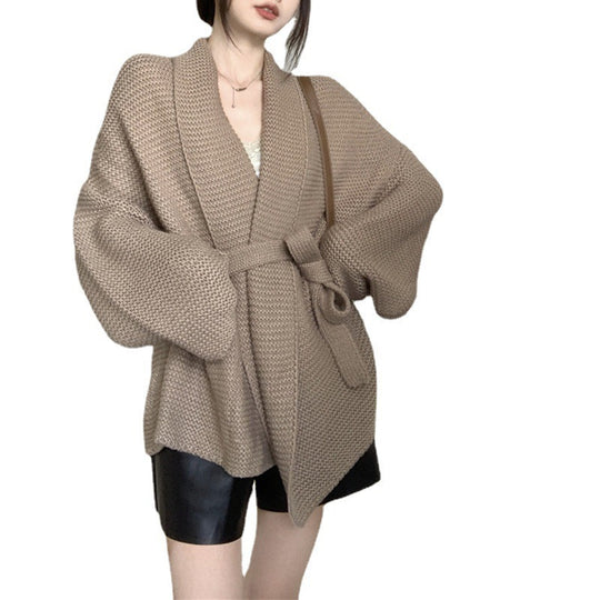 Damen lässiger Strick-Sakko mit Gürtel und Volumenärmeln Heidi-Mode