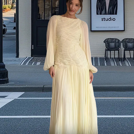 Damen Elegantes Plissiertes Maxikleid mit Raffungen und langen Ärmeln Heidi-Mode