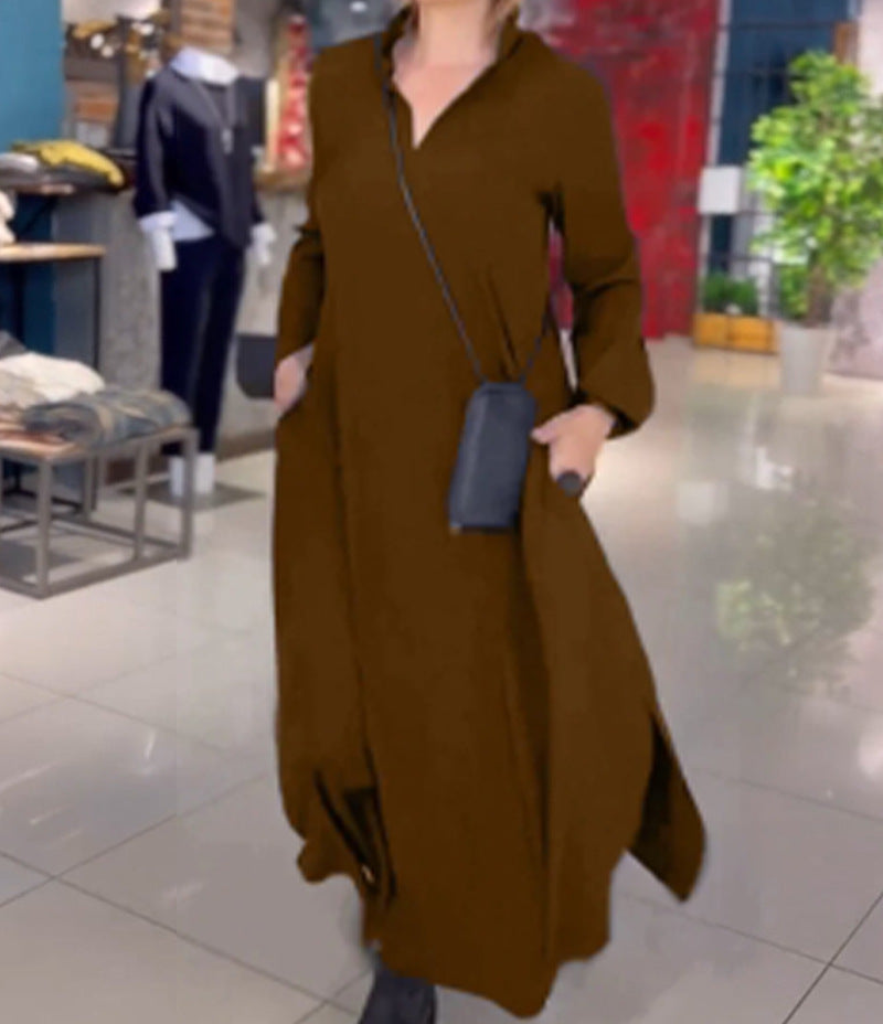 Damen Maxikleid mit praktischen Seitentaschen und modernem Hemdblusenkragen Heidi-Mode