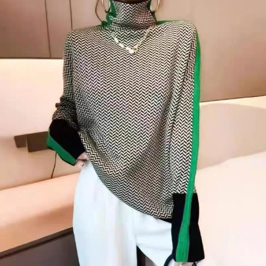 Damen Hochwertiger Rollkragenpullover mit Chevron-Muster Heidi-Mode