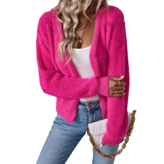 Damen Flauschiger V-Ausschnitt Cardigan mit Knopfdetail Heidi-Mode