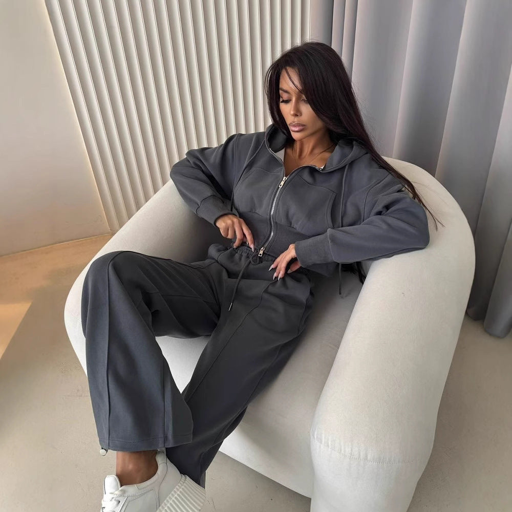 Damen modisches Zweiteiliges Sport-Loungewear-Set mit cropped Hoodie und weitem Schnitt Heidi-Mode