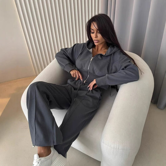 Damen modisches Zweiteiliges Sport-Loungewear-Set mit cropped Hoodie und weitem Schnitt Heidi-Mode