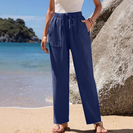 Damen Locker geschnittene Strandhose mit praktischen Taschen und elastischem Bund Heidi-Mode