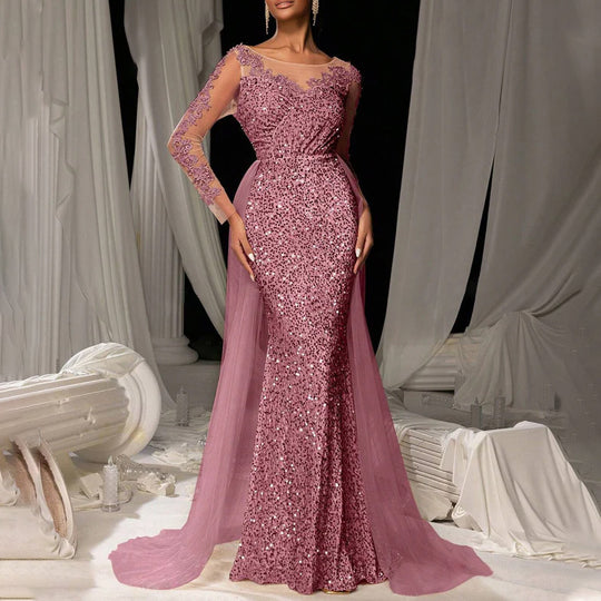 Damen Glitzerndes Abendkleid mit langen Ärmeln und transparentem Überrock Heidi-Mode