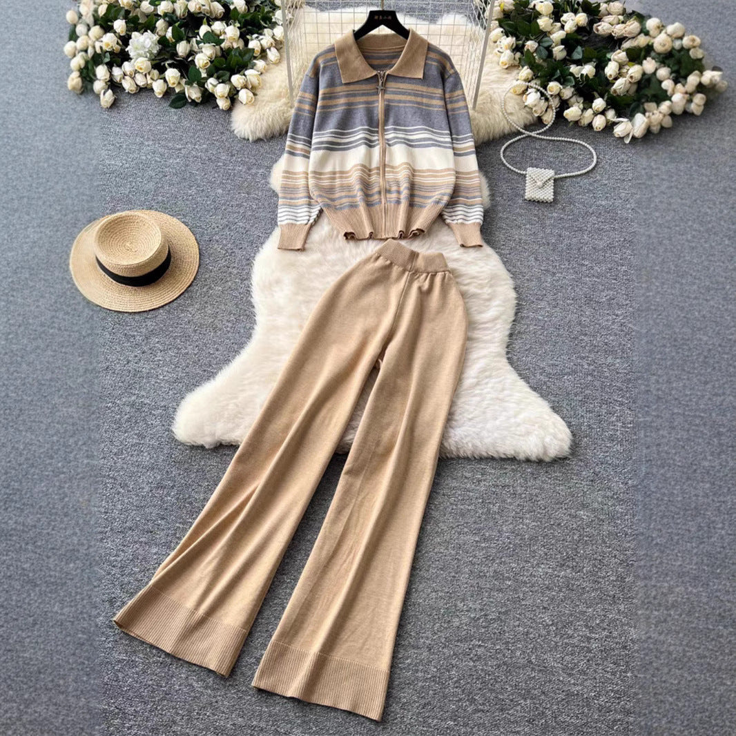 Damen modisches Freizeit-Loungewear-Set mit Reißverschluss und breitem Bein Heidi-Mode