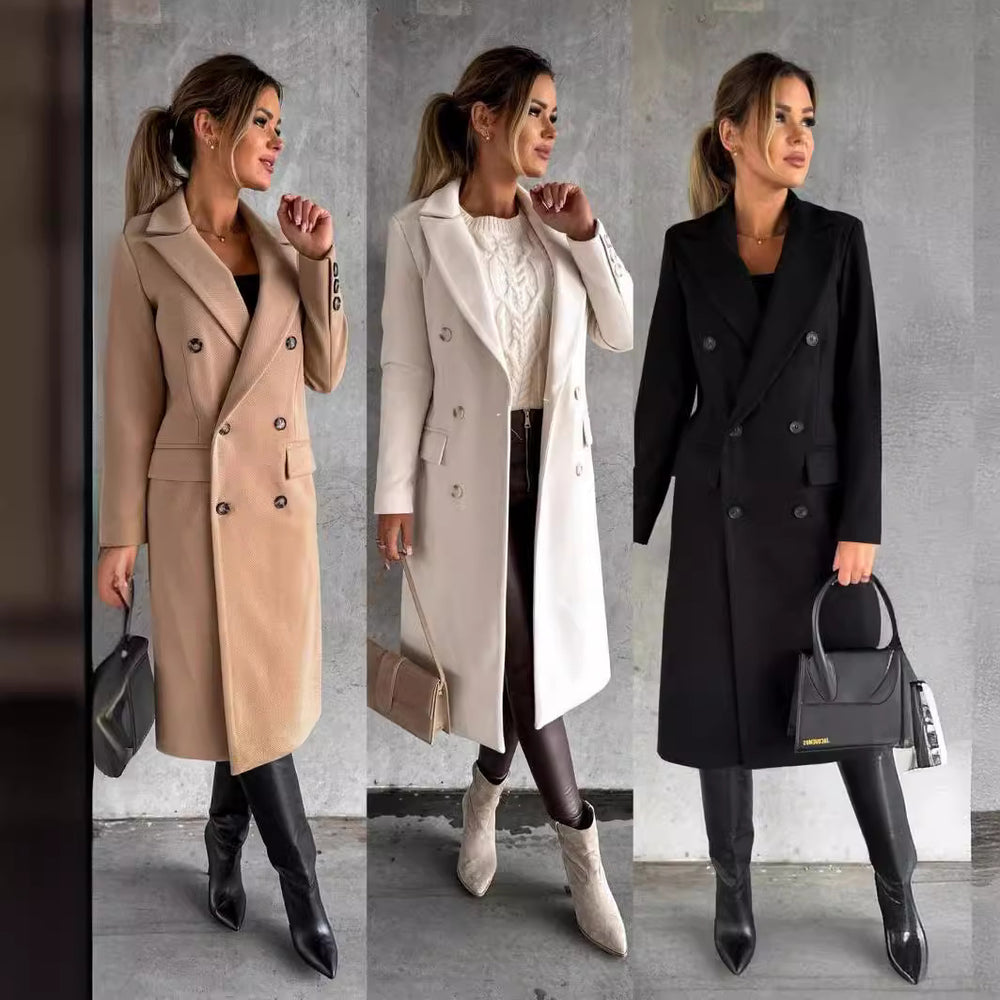 Damen Eleganter Doppelreiher-Mantel mit strukturiertem Stoff und taillierbarem Gürtel Heidi-Mode