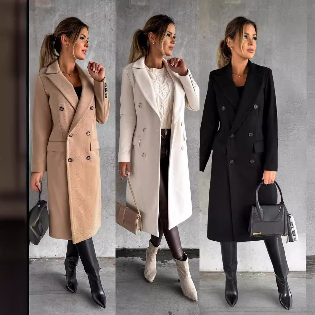 Damen Eleganter Doppelreiher-Mantel mit strukturiertem Stoff und taillierbarem Gürtel Heidi-Mode