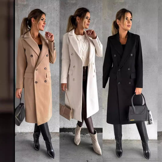 Damen Eleganter Doppelreiher-Mantel mit strukturiertem Stoff und taillierbarem Gürtel Heidi-Mode