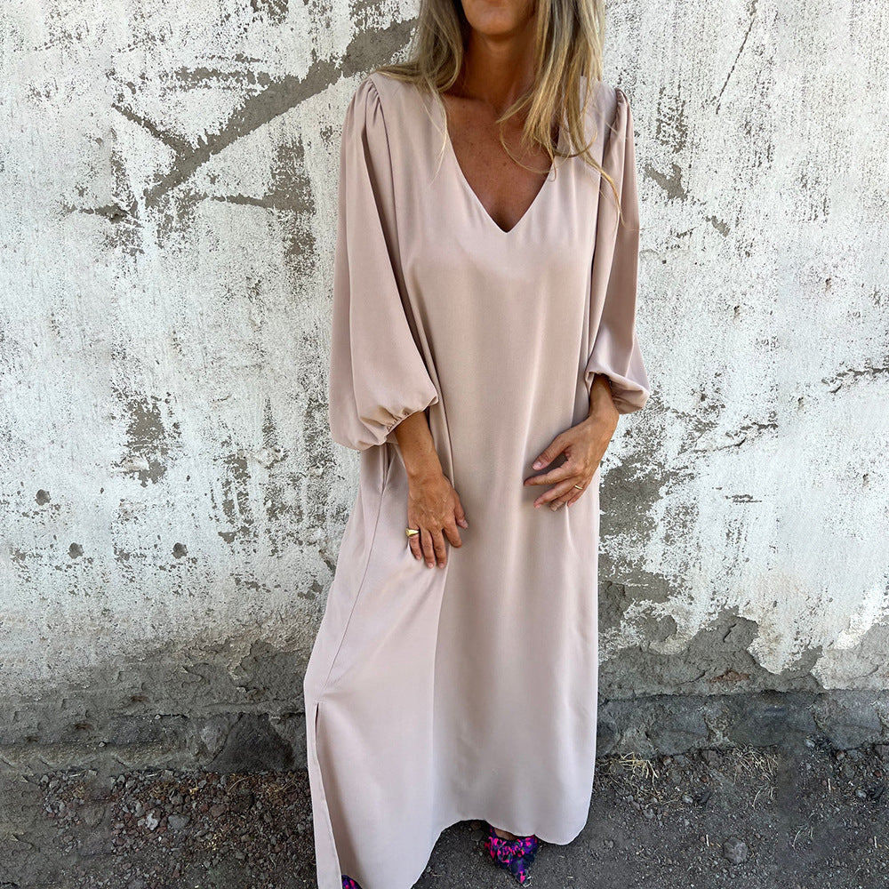 Damen Maxi-Kleid mit eleganten Puffärmeln und seitlichen Schlitzen Heidi-Mode