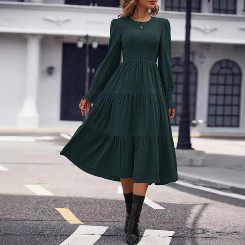 Damen Midi-Kleid mit aufwendigem Rüschensaum und figurbetontem Oberteil Heidi-Mode