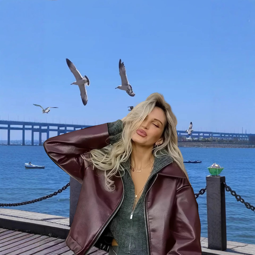 Damen Kunstlederjacke mit Stehkragen und voluminösen Ärmeln Heidi-Mode