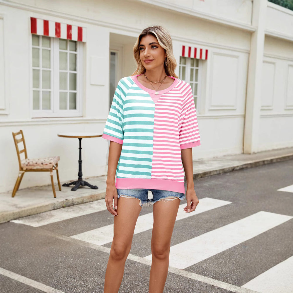 Heidi Mode | Gestreifte farblich passende Rundhalsausschnitt lose kurze Ärmel